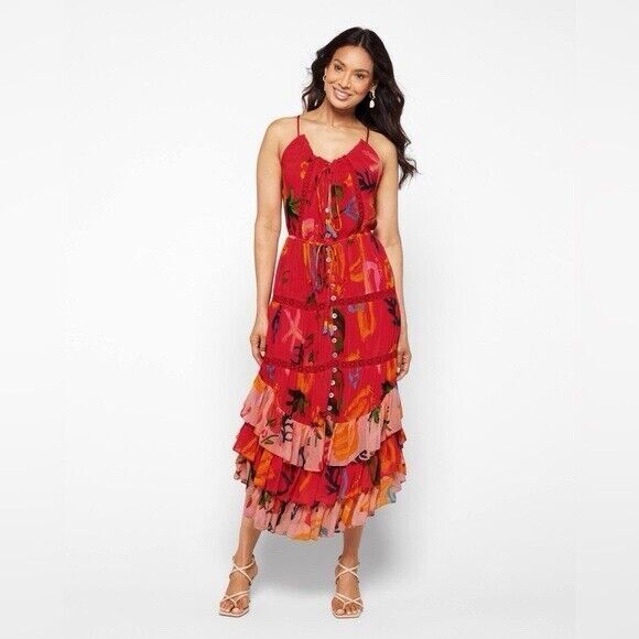 FARM Rio Red and Pink Floral Midi Dress - Picture 1 of 12